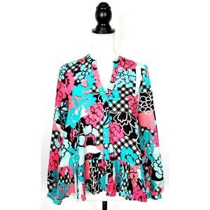 Kaari Blue Bright Pink Teal Gingham Floral Print Pleated Hem Swing Top Size XS